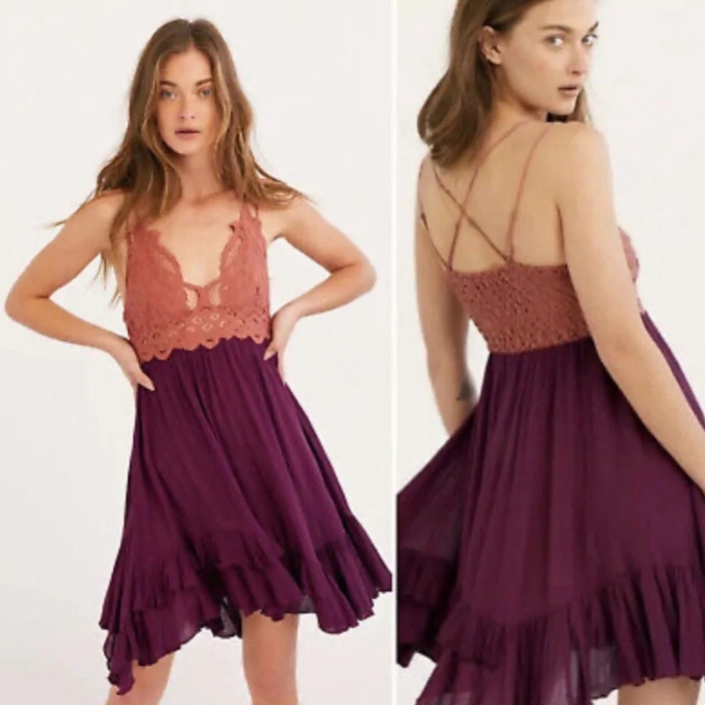 Free People One Adella Strappy Lace Slip Dress Copper & Purple Size XS